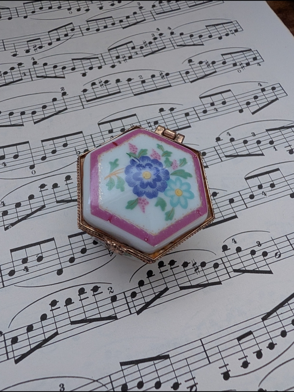 Porcelain Floral Hexagon Trinket Box Pendant - Pink & Blue Small